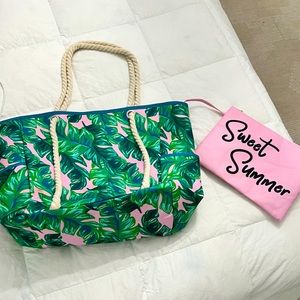 Tropical Leaf Print Beach Tote Bag